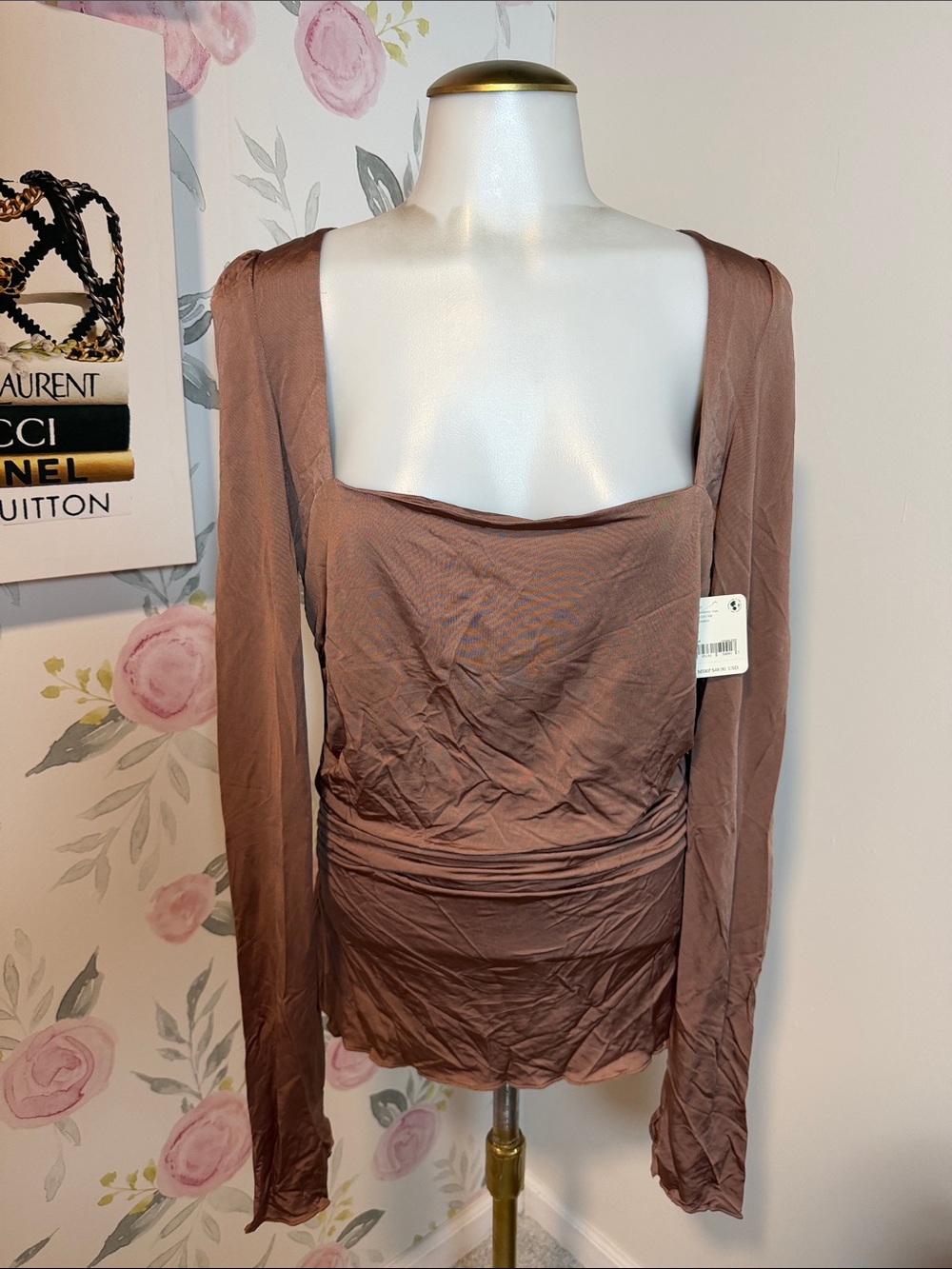 Free People Intimately Strawberry Roan Long Silky Sleeve Square Neck Top